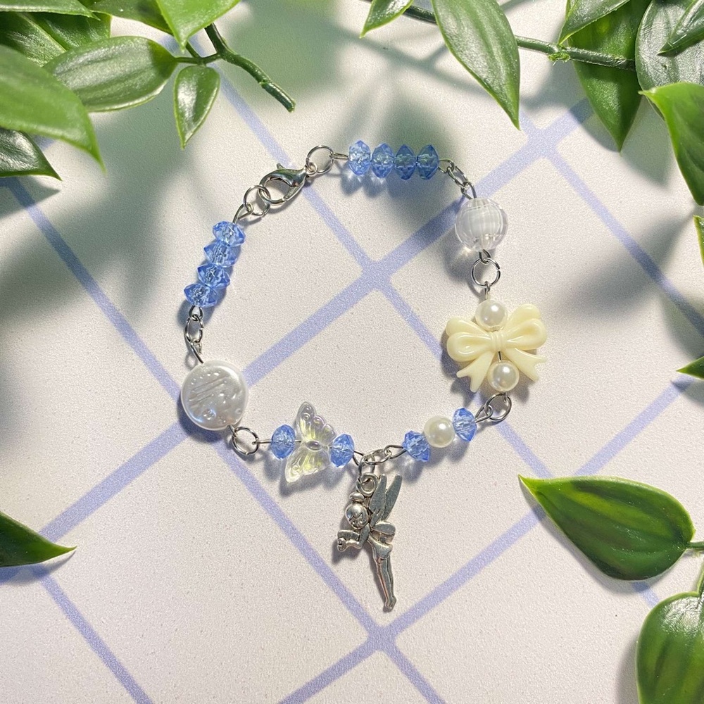 Fairy Charming Blue and Cream Beaded Bracelet Handmade